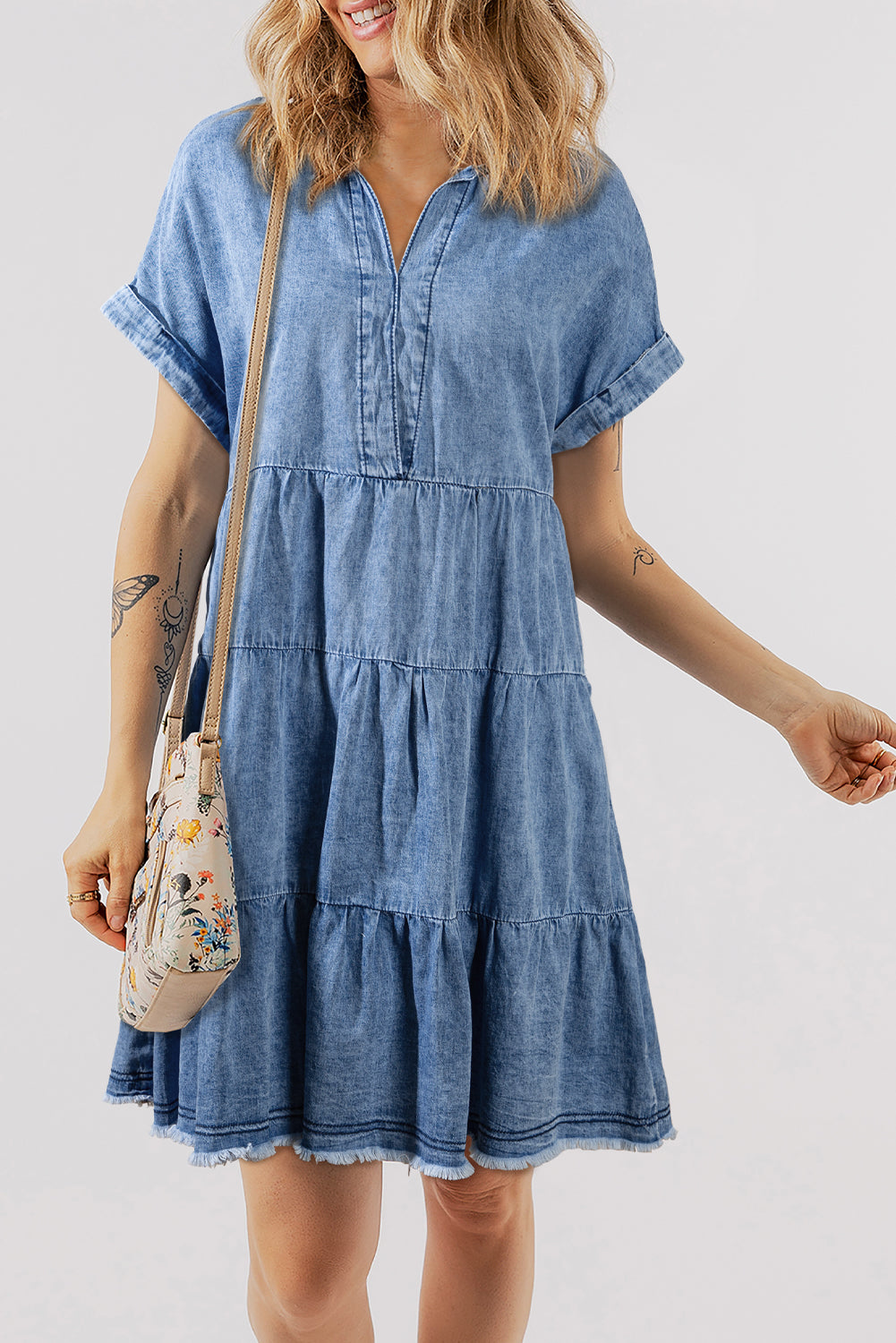 Raw Hem Collared Neck Short Sleeve Denim Dress-TOPS / DRESSES-[Adult]-[Female]-Medium-S-2022 Online Blue Zone Planet