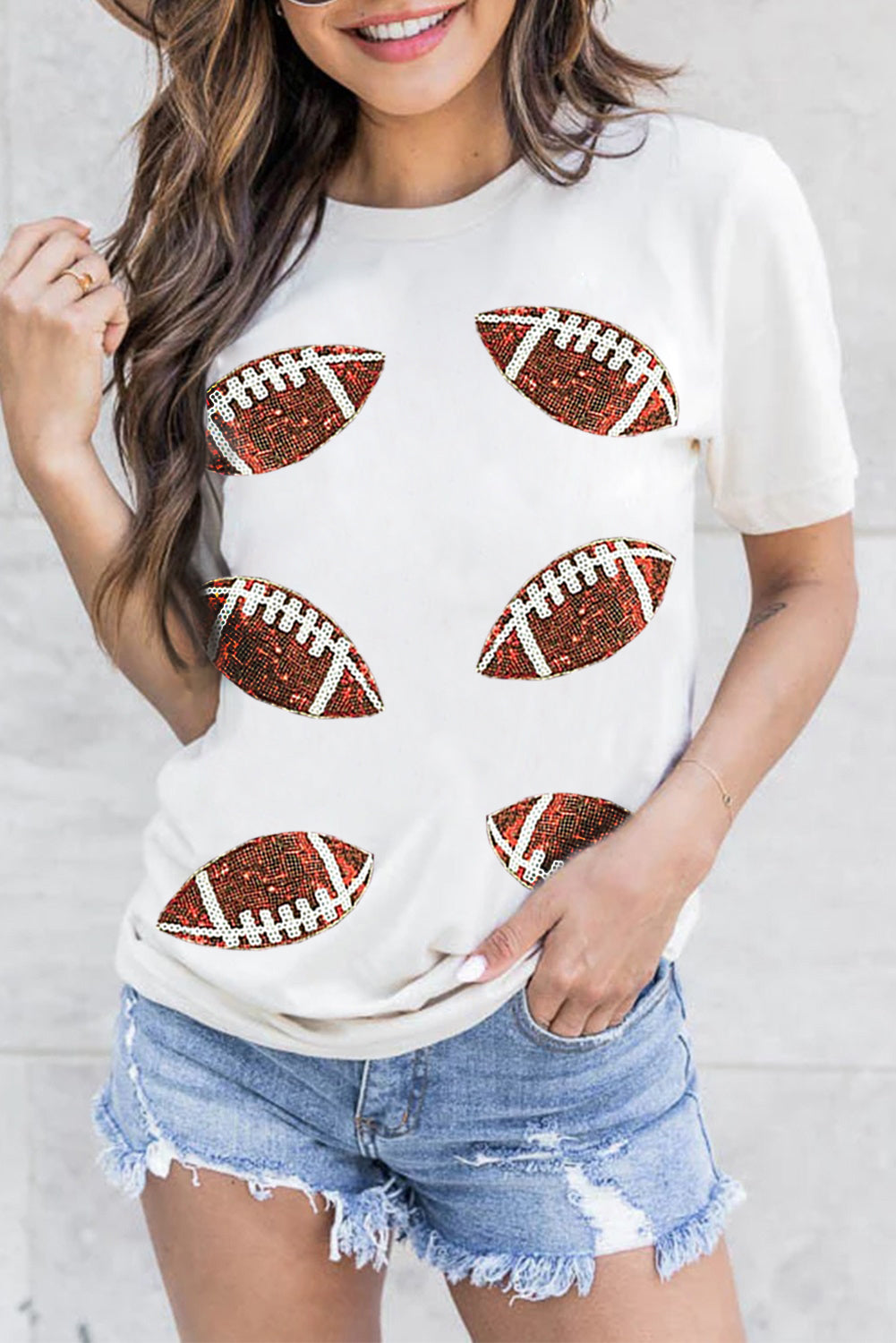 White Sequined Rugby Football Graphic Cotton T Shirt-Graphic/Graphic Tees-[Adult]-[Female]-White-S-2022 Online Blue Zone Planet