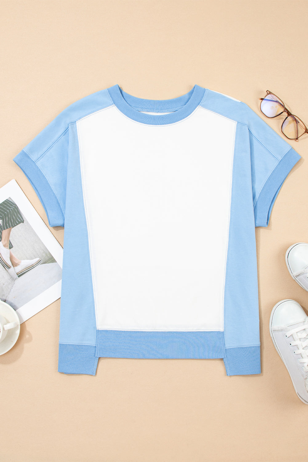 Light Green Colorblock Exposed Seam Patchwork Crew Neck T Shirt-T Shirts-[Adult]-[Female]-2022 Online Blue Zone Planet