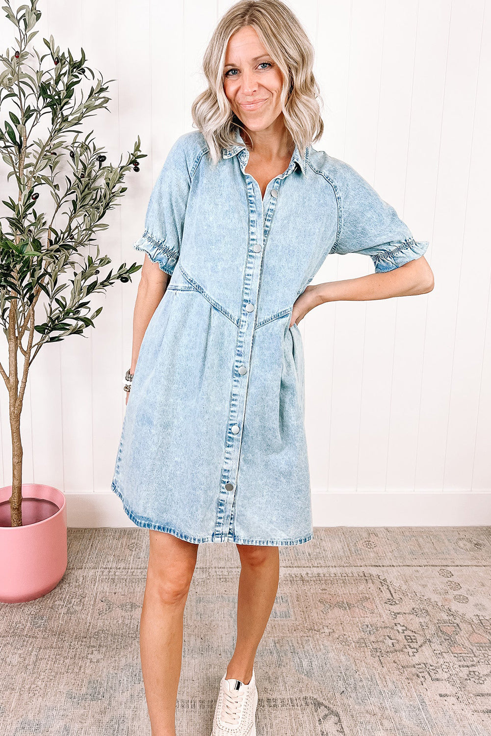 Medium Grey Mineral Wash Ruffled Short Sleeve Buttoned Denim Dress Blue Zone Planet