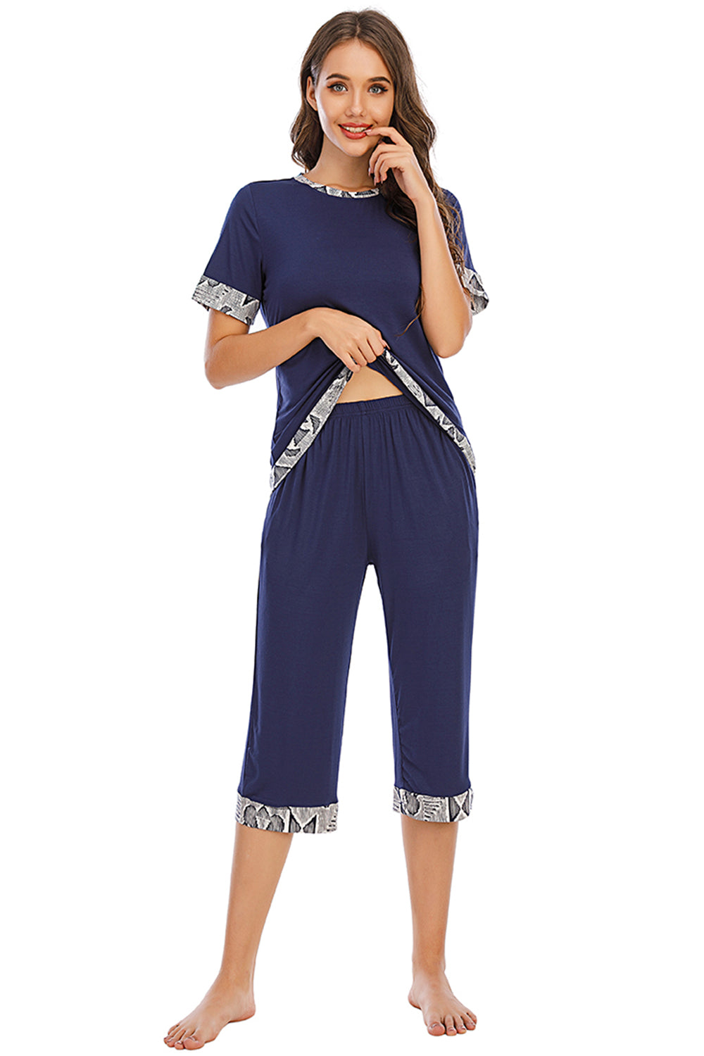 Round Neck Short Sleeve Top and Capris Pants Lounge Set-TOPS / DRESSES-[Adult]-[Female]-2022 Online Blue Zone Planet