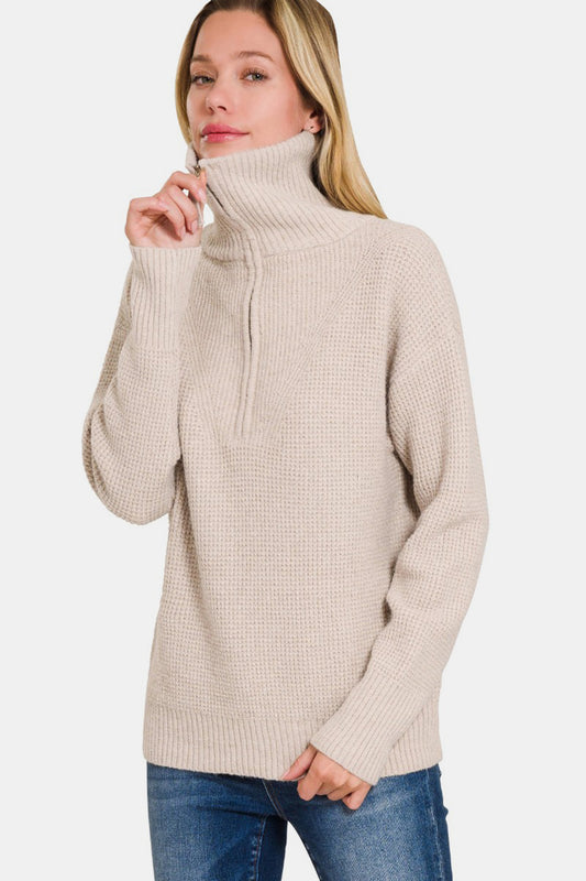 Zenana Half Zip Long Sleeve Sweater-TOPS / DRESSES-[Adult]-[Female]-Mocha-S-2022 Online Blue Zone Planet