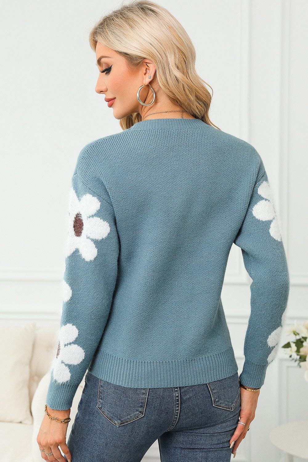 Flower Round Neck Long Sleeve Sweater-TOPS / DRESSES-[Adult]-[Female]-2022 Online Blue Zone Planet