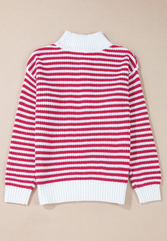 Striped Half Zip Mock Neck Long Sleeve Sweater-TOPS / DRESSES-[Adult]-[Female]-2022 Online Blue Zone Planet