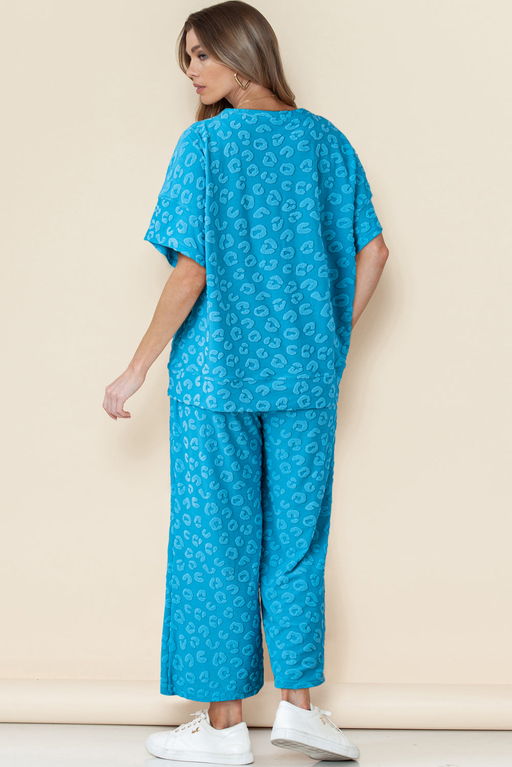 Blue Zone Planet | Blue Leopard Jacquard Short Sleeve Top and Wide Leg Pants Set-Two Piece Sets/Pant Sets-[Adult]-[Female]-2022 Online Blue Zone Planet