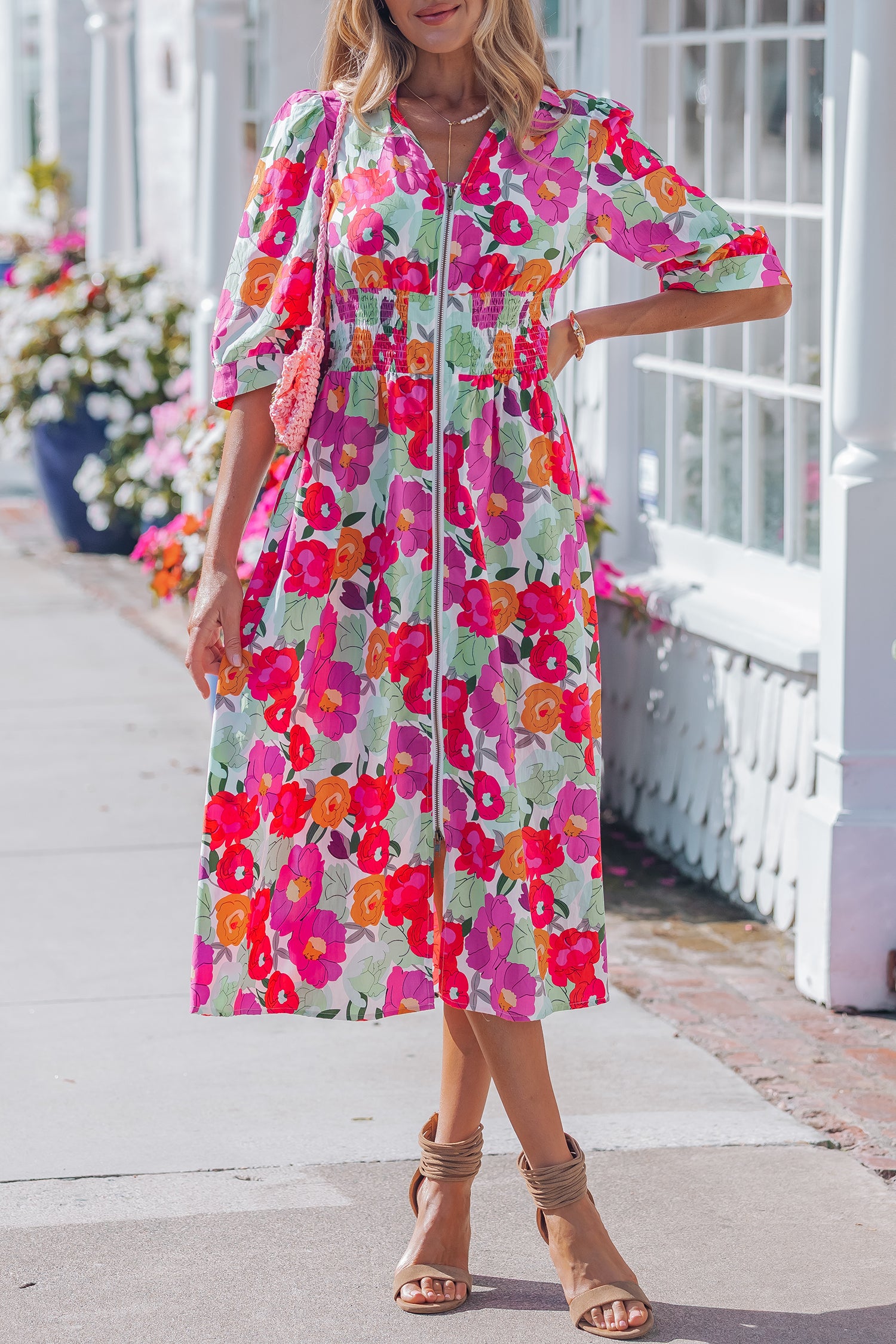 Rose Vibrant Floral Print V Neck Zip Up Puffy Half Sleeve Dress-Dresses/Floral Dresses-[Adult]-[Female]-2022 Online Blue Zone Planet