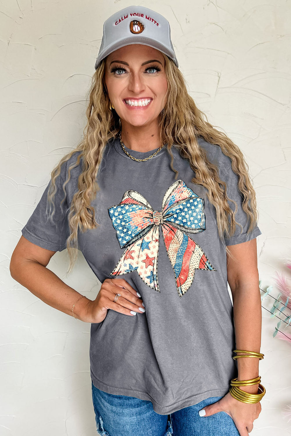 Gray US Flag Bow Print Round Neck Loose T Shirt-Graphic/Graphic Tees-[Adult]-[Female]-2022 Online Blue Zone Planet
