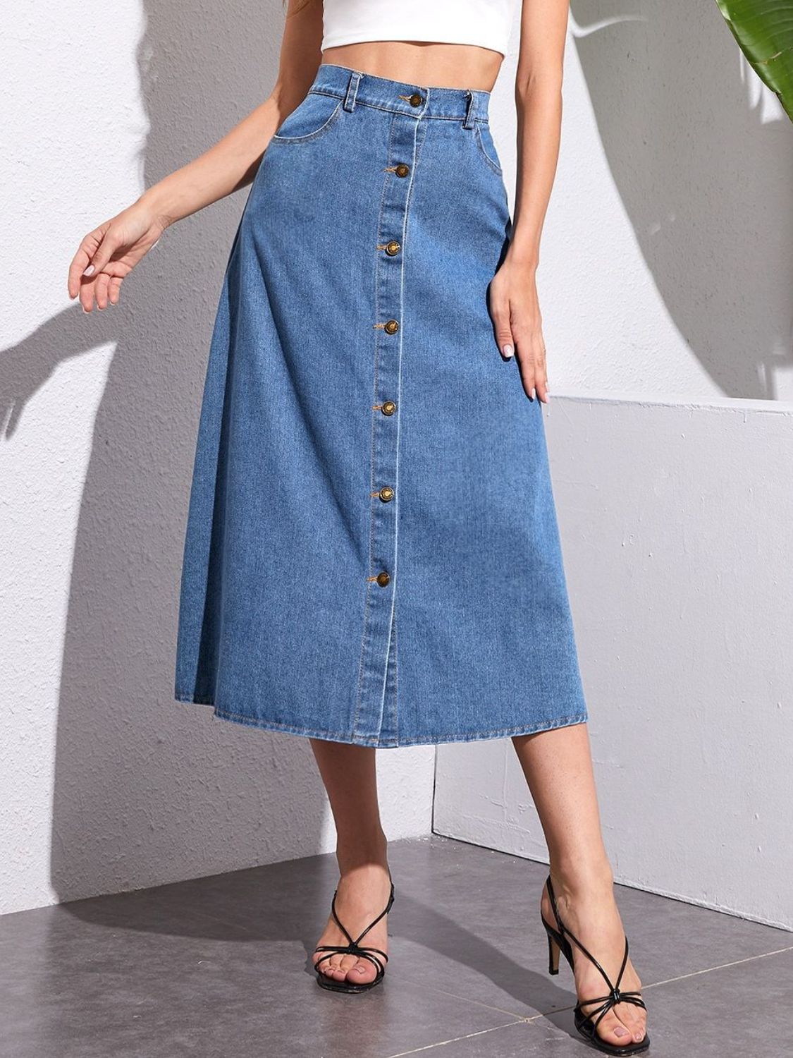 Buttoned Midi Denim Skirt with Pockets-BOTTOM SIZES SMALL MEDIUM LARGE-[Adult]-[Female]-2022 Online Blue Zone Planet