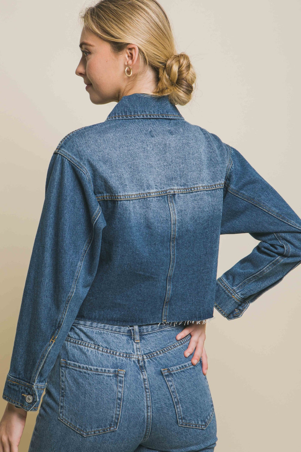 Love Tree Raw Hem Button Up Cropped Denim Jacket-TOPS / DRESSES-[Adult]-[Female]-2022 Online Blue Zone Planet