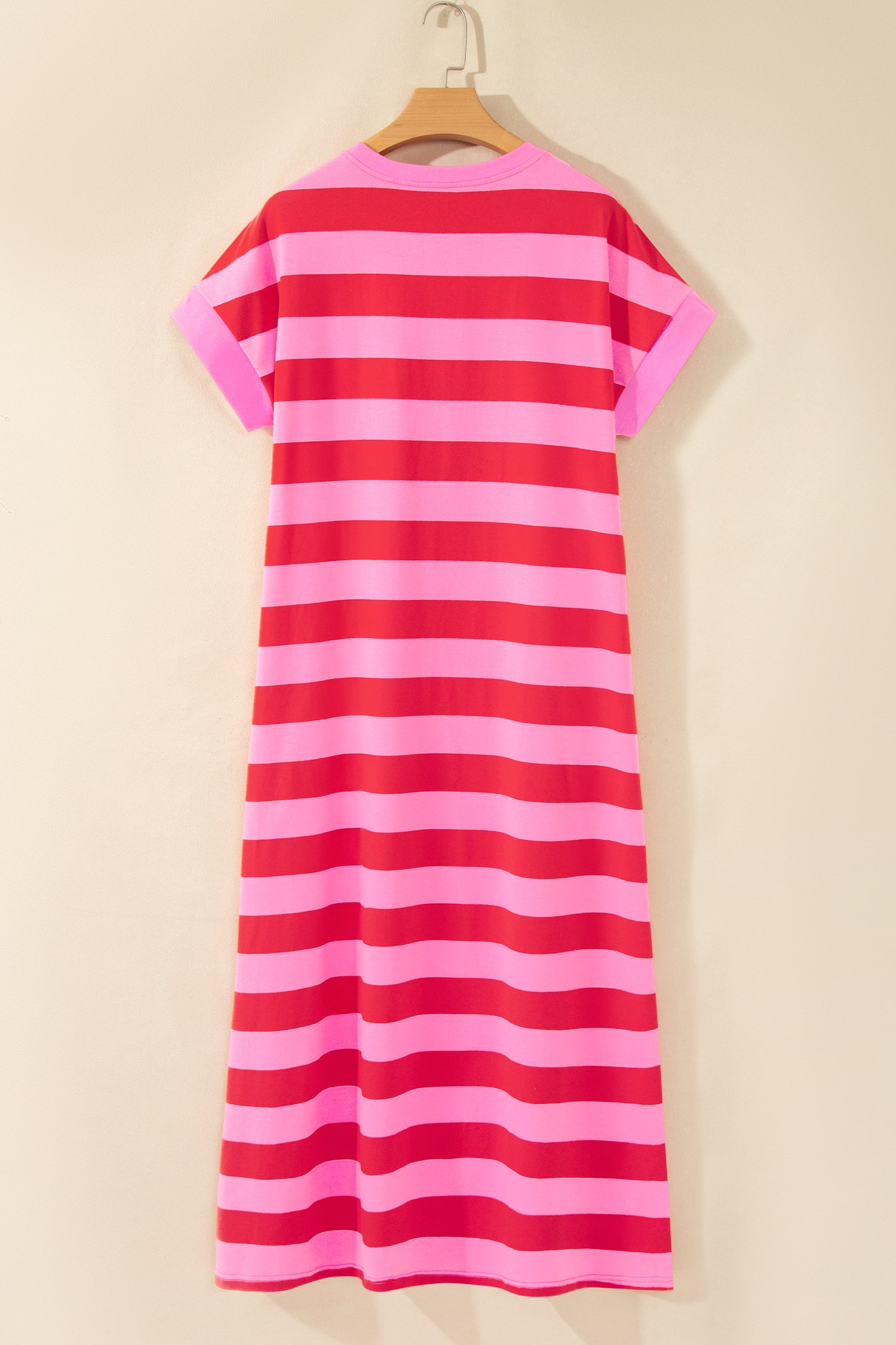 Rose Stripe Cuffed Short Sleeve Pocketed Casual T Shirt Long Dress-TOPS / DRESSES-[Adult]-[Female]-2022 Online Blue Zone Planet