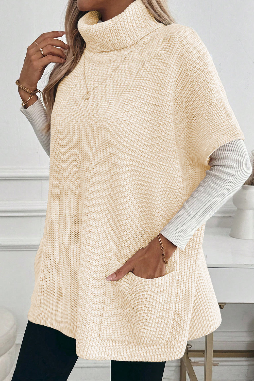 Jet Stream Plain Knit Casual Turtleneck Short Sleeve Tunic Sweater with Pockets-TOPS / DRESSES-[Adult]-[Female]-2022 Online Blue Zone Planet