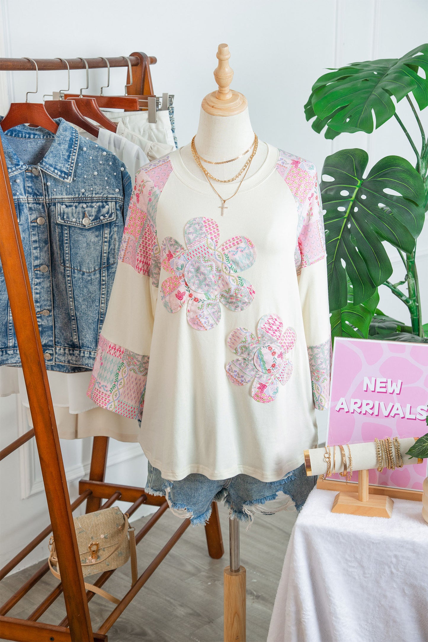 Beige Color Block Retro Floral Patchwork Long Sleeve Top-Tops/Long Sleeve Tops-[Adult]-[Female]-2022 Online Blue Zone Planet
