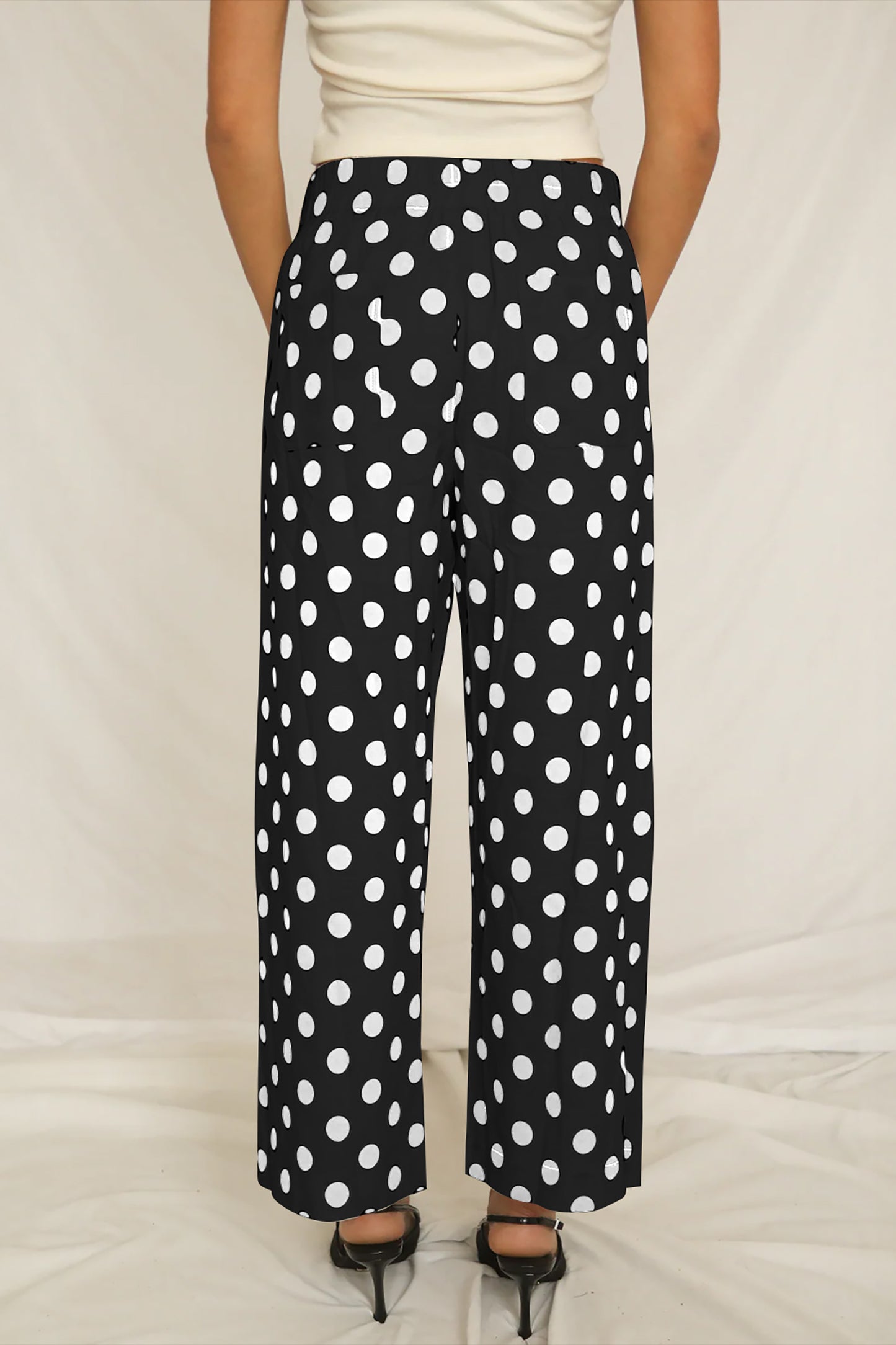 Black Polka Dot Print Patched Pocket Mid-rise Straight Leg Pants-Bottoms/Pants & Culotte-[Adult]-[Female]-2022 Online Blue Zone Planet
