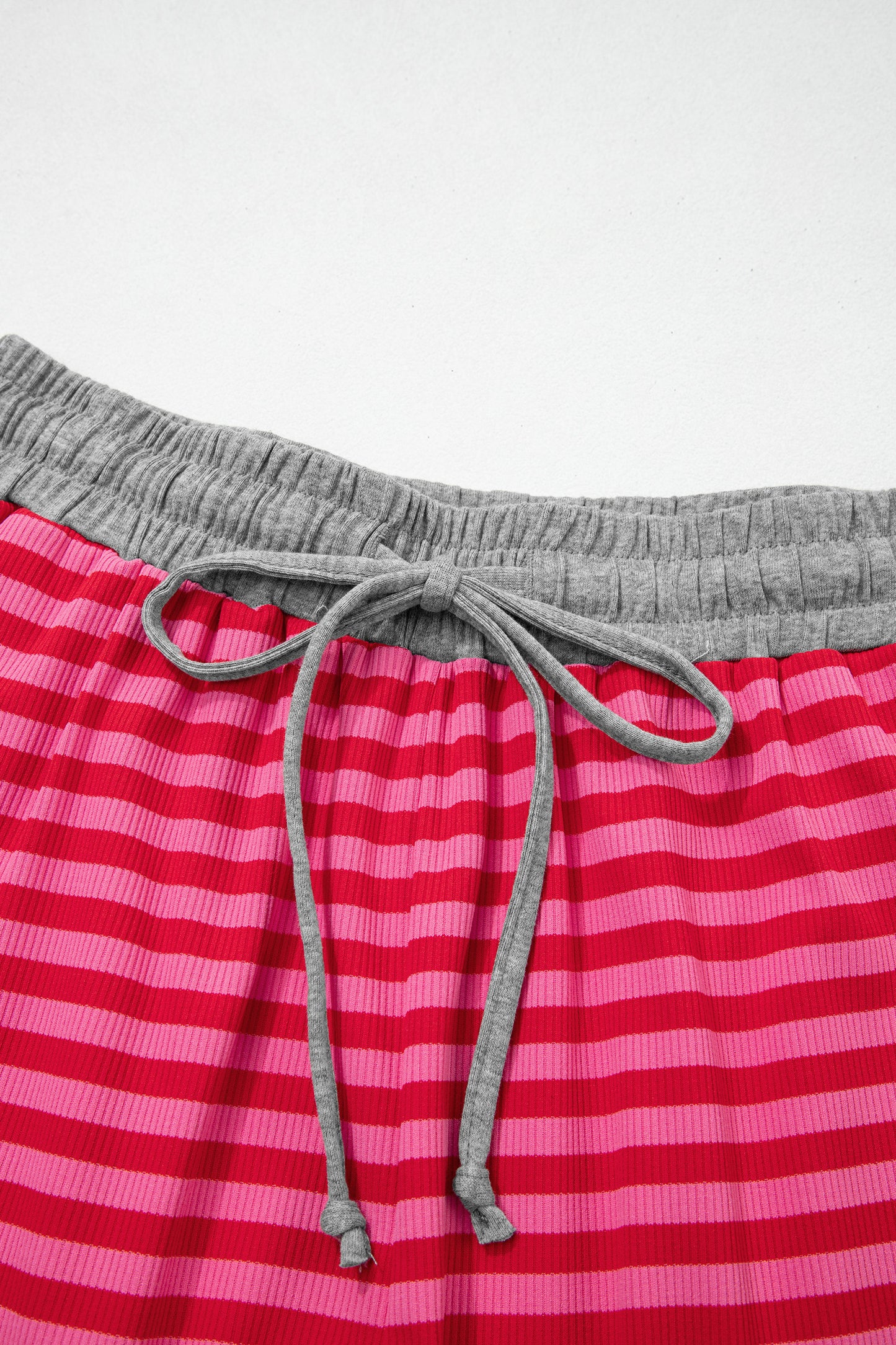 Rose Stripe Contrast Elastic Waist Casual Ribbed Shorts-Bottoms/Casual Shorts-[Adult]-[Female]-2022 Online Blue Zone Planet