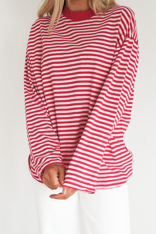 Red Stripe Oversized Long Sleeve Round Neck Top-Tops/Long Sleeve Tops-[Adult]-[Female]-Red Stripe-S-2022 Online Blue Zone Planet