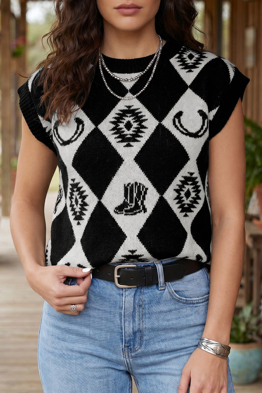 Black Retro Rhombus Western Print Drop Shoulder Short Sleeve Sweater-Sweaters & Cardigans/Short Sleeve Sweaters-[Adult]-[Female]-Black-S-2022 Online Blue Zone Planet