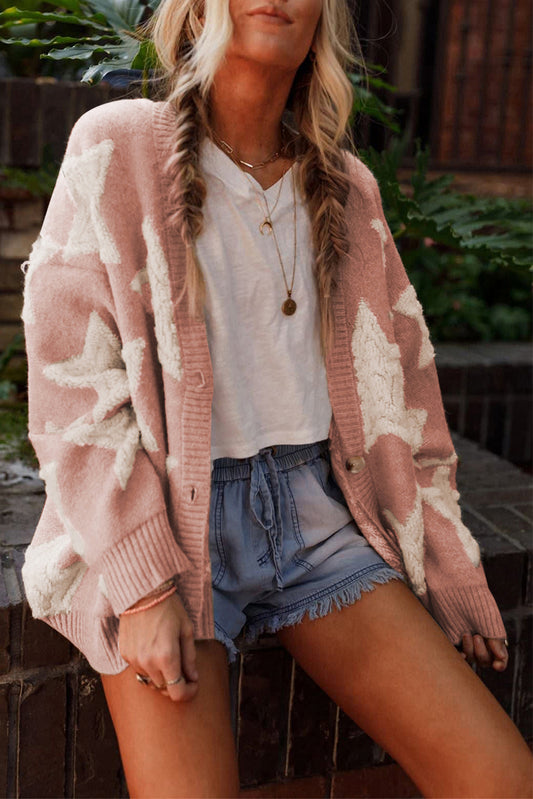 Pink Sherpa Star Pattern Textured Sweater Cardigan with Pockets-Sweaters & Cardigans/Cardigans-[Adult]-[Female]-Pink-S-2022 Online Blue Zone Planet