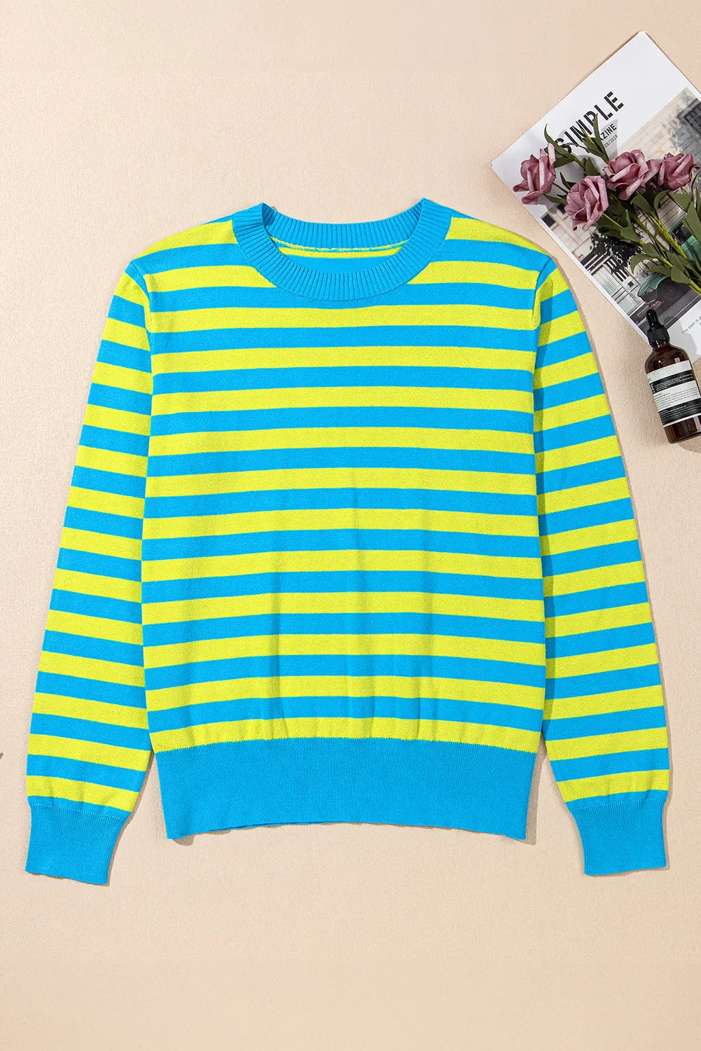 Striped Round Neck Long Sleeve Sweater-TOPS / DRESSES-[Adult]-[Female]-2022 Online Blue Zone Planet