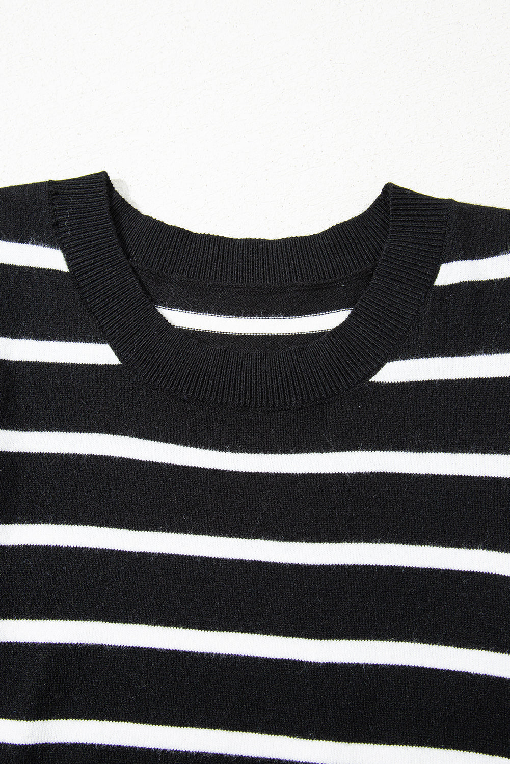 White Stripe Ribbed Trim Round Neck Bubble Sleeve Knitted Top-Sweaters & Cardigans/Short Sleeve Sweaters-[Adult]-[Female]-2022 Online Blue Zone Planet