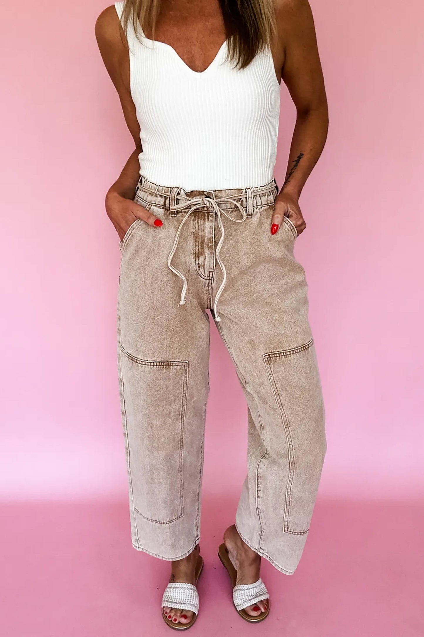 Gray Acid Wash Barrel Fit Denim Pants with Waist String-Bottoms/Jeans-[Adult]-[Female]-Smoke Gray-4-2022 Online Blue Zone Planet