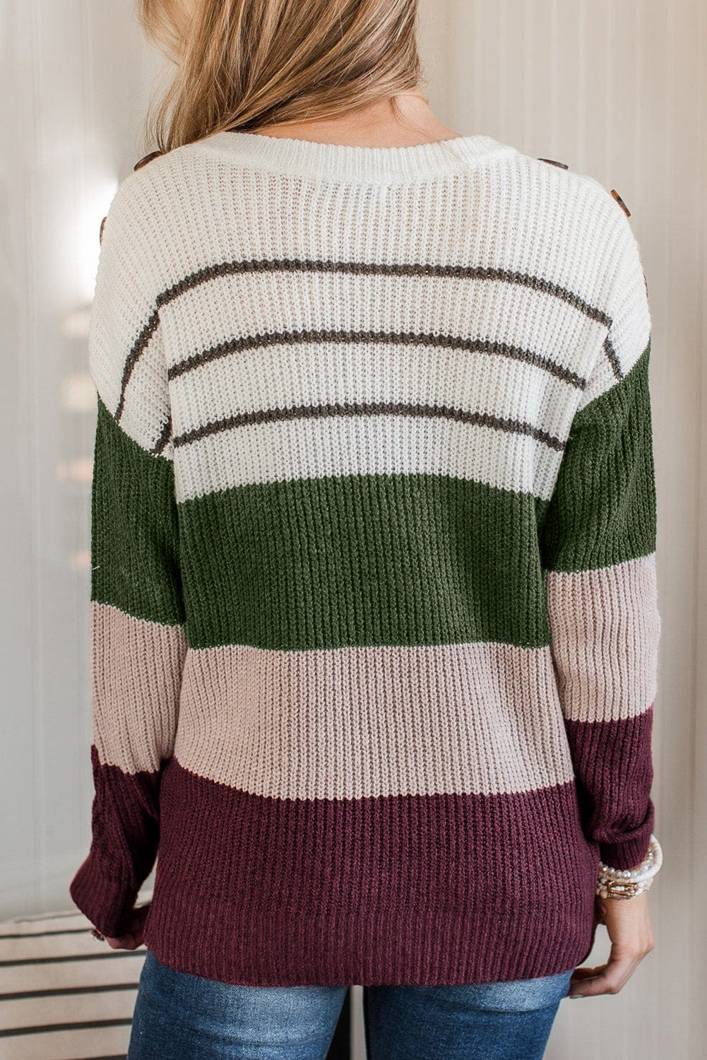 Blue Zone Planet | Green Color Block Striped Buttoned Shoulder Split Sweater-Sweaters & Cardigans/Sweaters-[Adult]-[Female]-2022 Online Blue Zone Planet