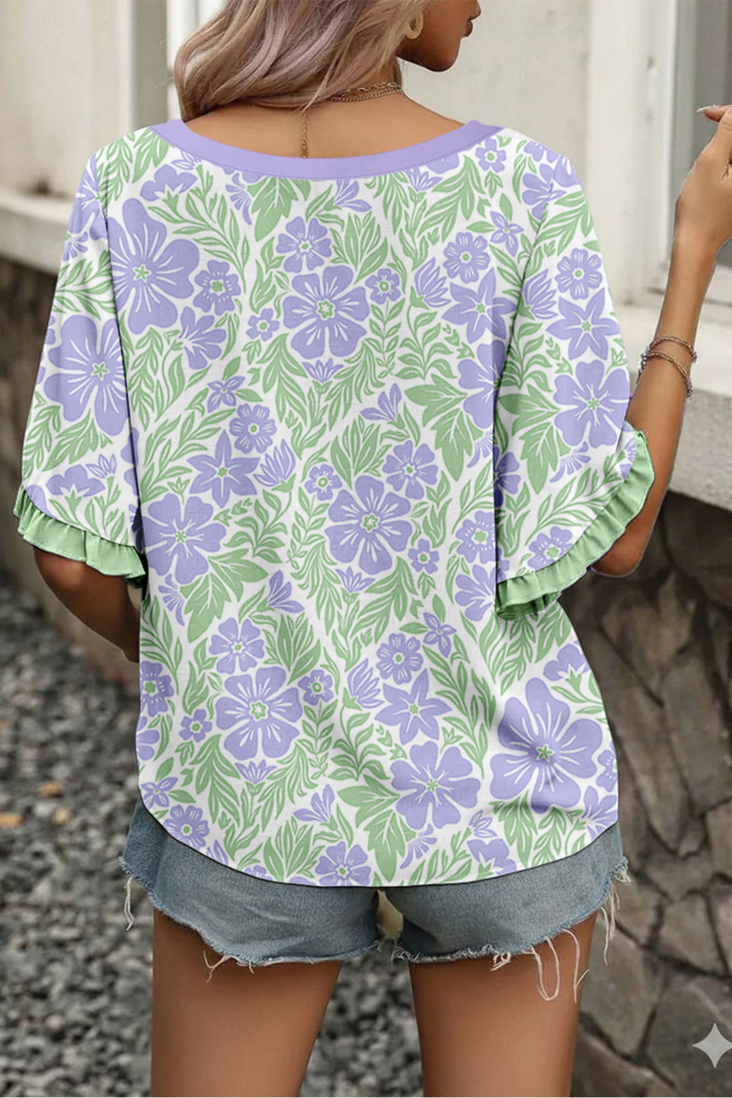 Sky Blue Floral Print Ruffled Color Block Trim Half Sleeve Blouse-Tops/Blouses & Shirts-[Adult]-[Female]-2022 Online Blue Zone Planet