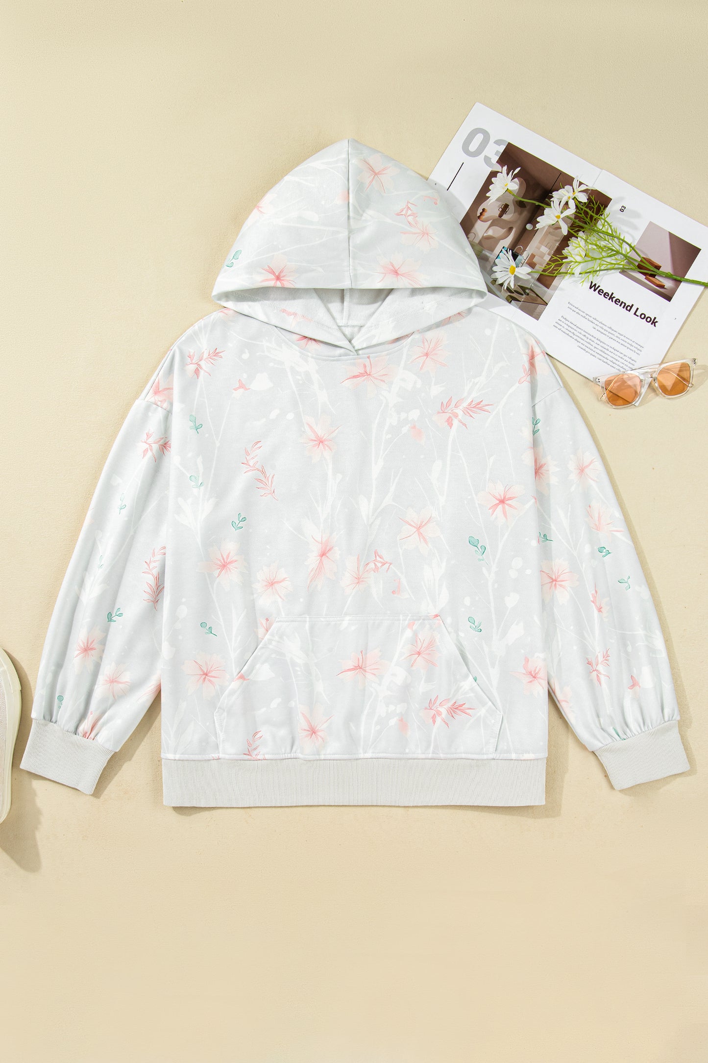 Gray Floral Print Plus Size Loose Hoodie-Tops / Dresses-[Adult]-[Female]-2022 Online Blue Zone Planet