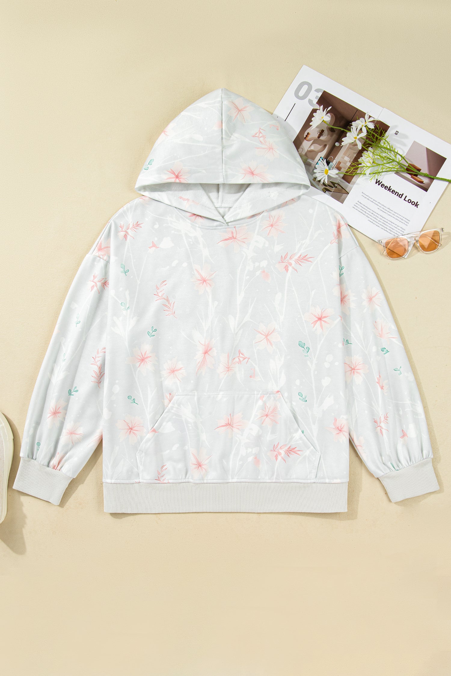 Gray Floral Print Plus Size Loose Hoodie-Tops / Dresses-[Adult]-[Female]-2022 Online Blue Zone Planet