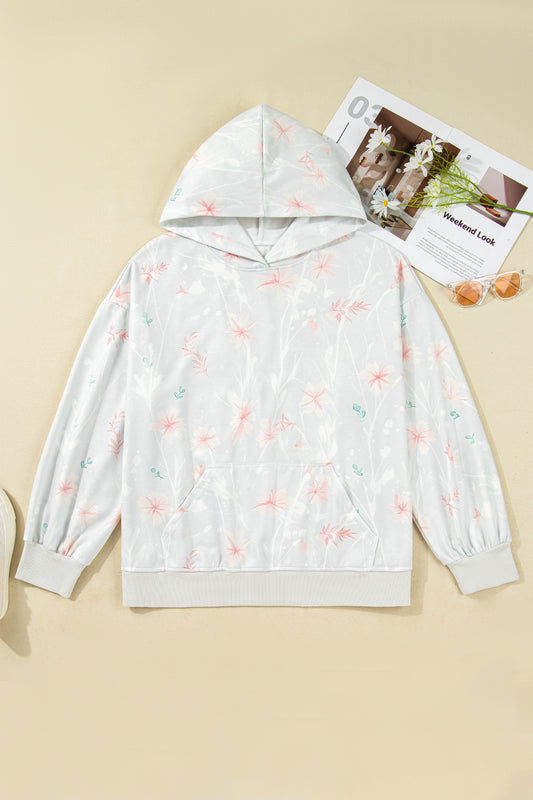 Gray Floral Print Plus Size Loose Hoodie-Tops / Dresses-[Adult]-[Female]-2022 Online Blue Zone Planet