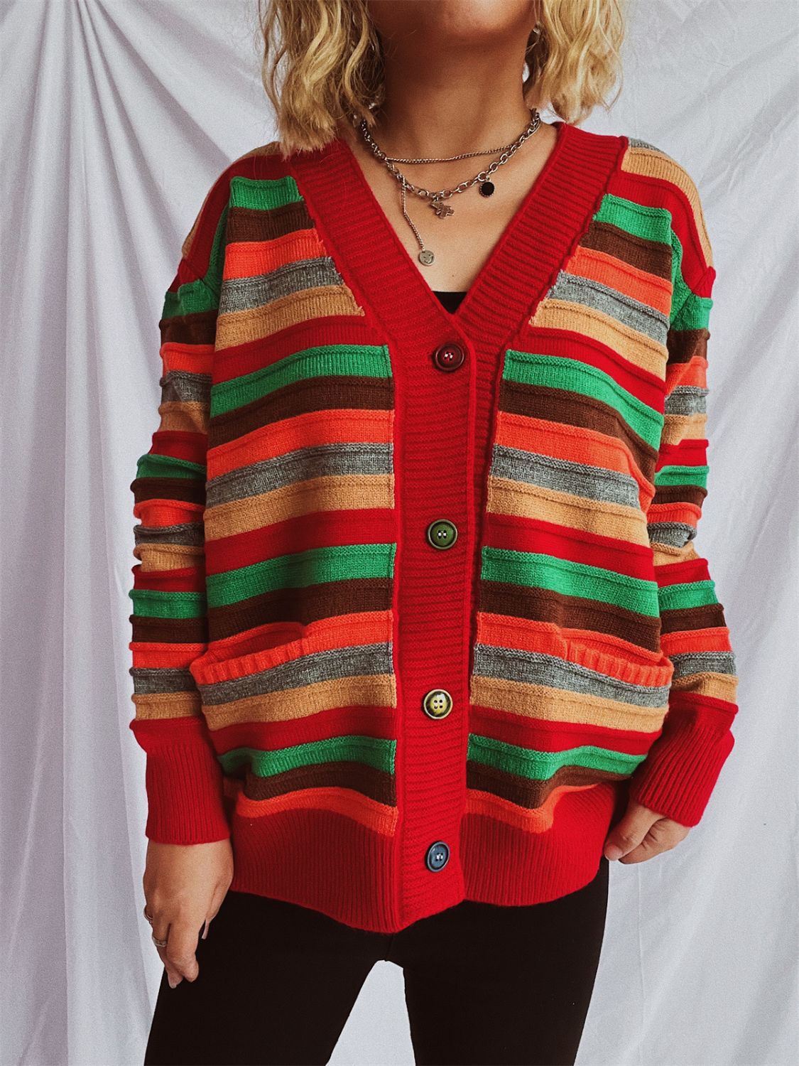 Contrast Stripes Button Up Long Sleeve Cardigan-TOPS / DRESSES-[Adult]-[Female]-Deep Red-One Size-2022 Online Blue Zone Planet