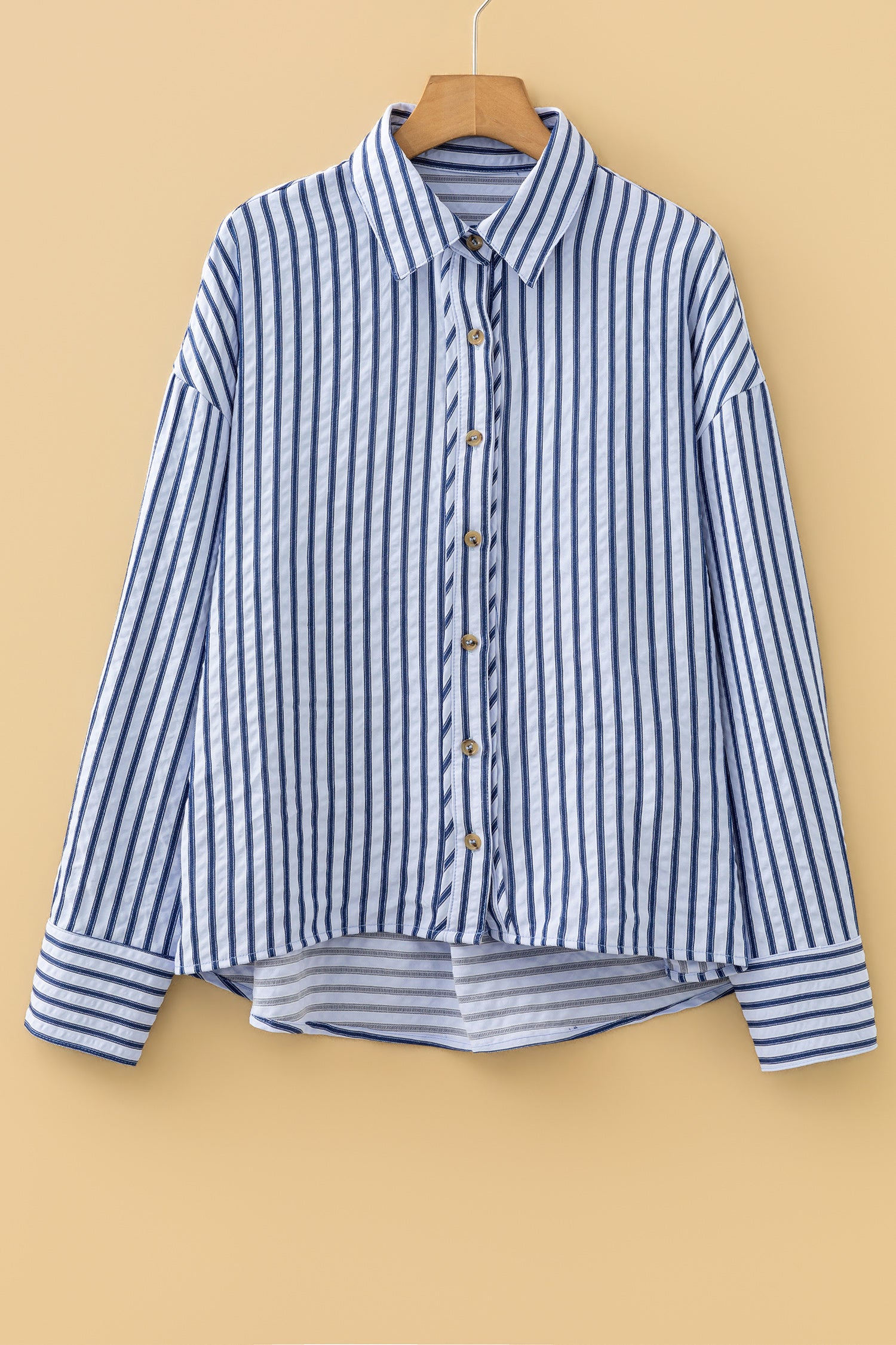 Blue Stripe Button Down Long Sleeve Loose Shirt-Tops/Blouses & Shirts-[Adult]-[Female]-2022 Online Blue Zone Planet