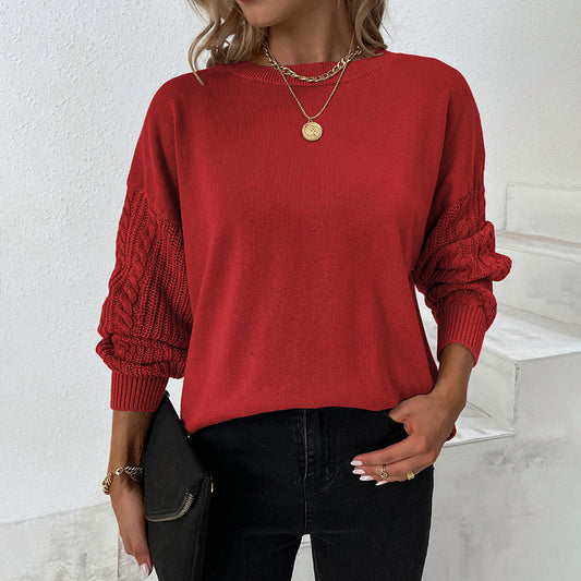 Solid Round Neck Twist Knit Balloon Sleeve Sweater-[Adult]-[Female]-Red-S-2022 Online Blue Zone Planet