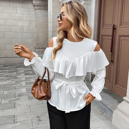 Elegant and sophisticated long-sleeved off-shoulder ruffled satin shirt