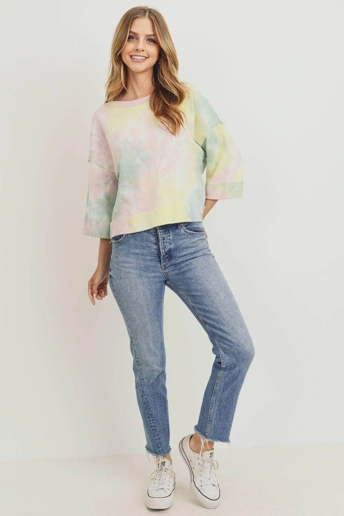 Tie Dyed 3/4 Sleeve Round Neck Top Blue Zone Planet