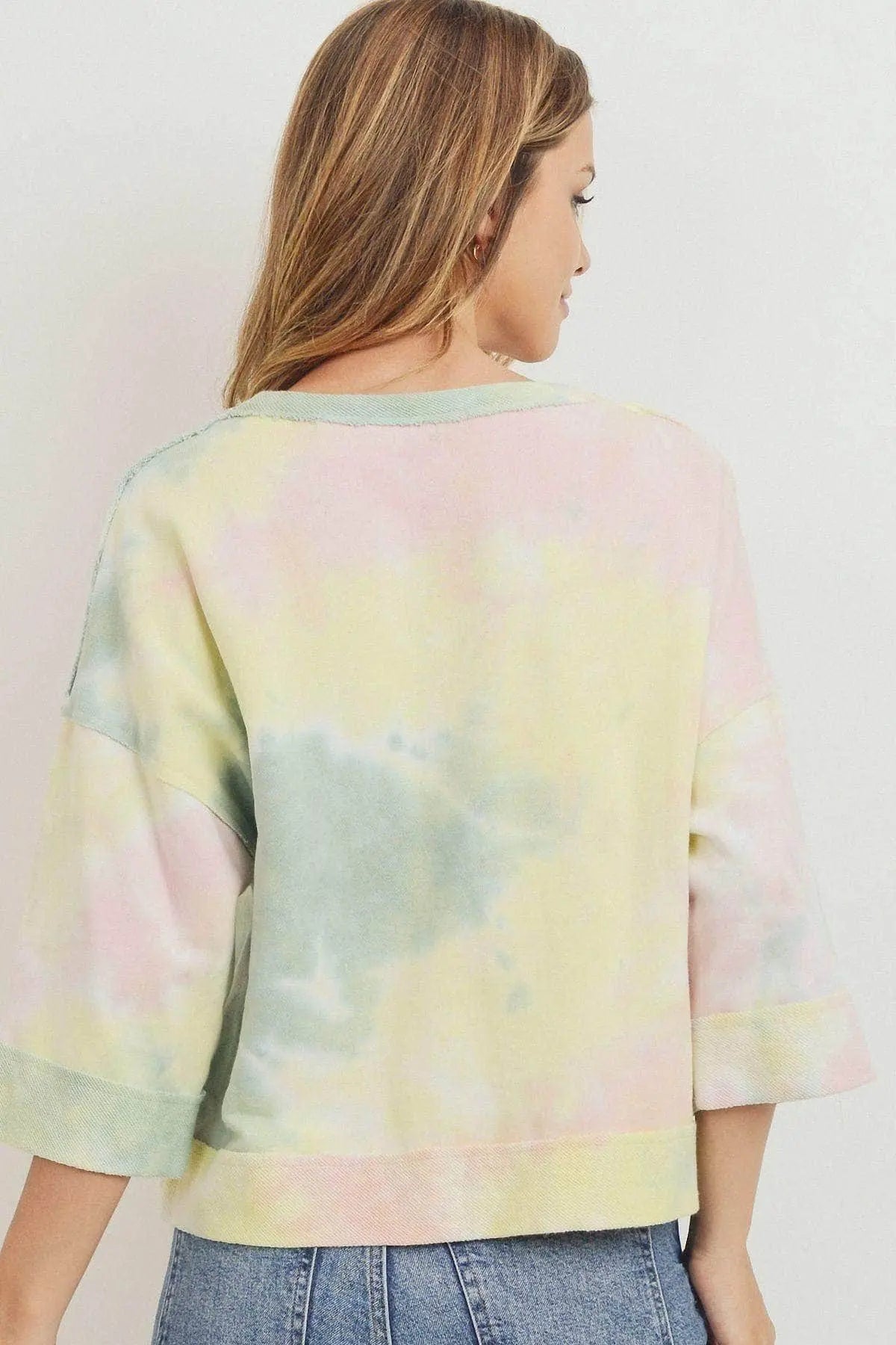 Tie Dyed 3/4 Sleeve Round Neck Top Blue Zone Planet