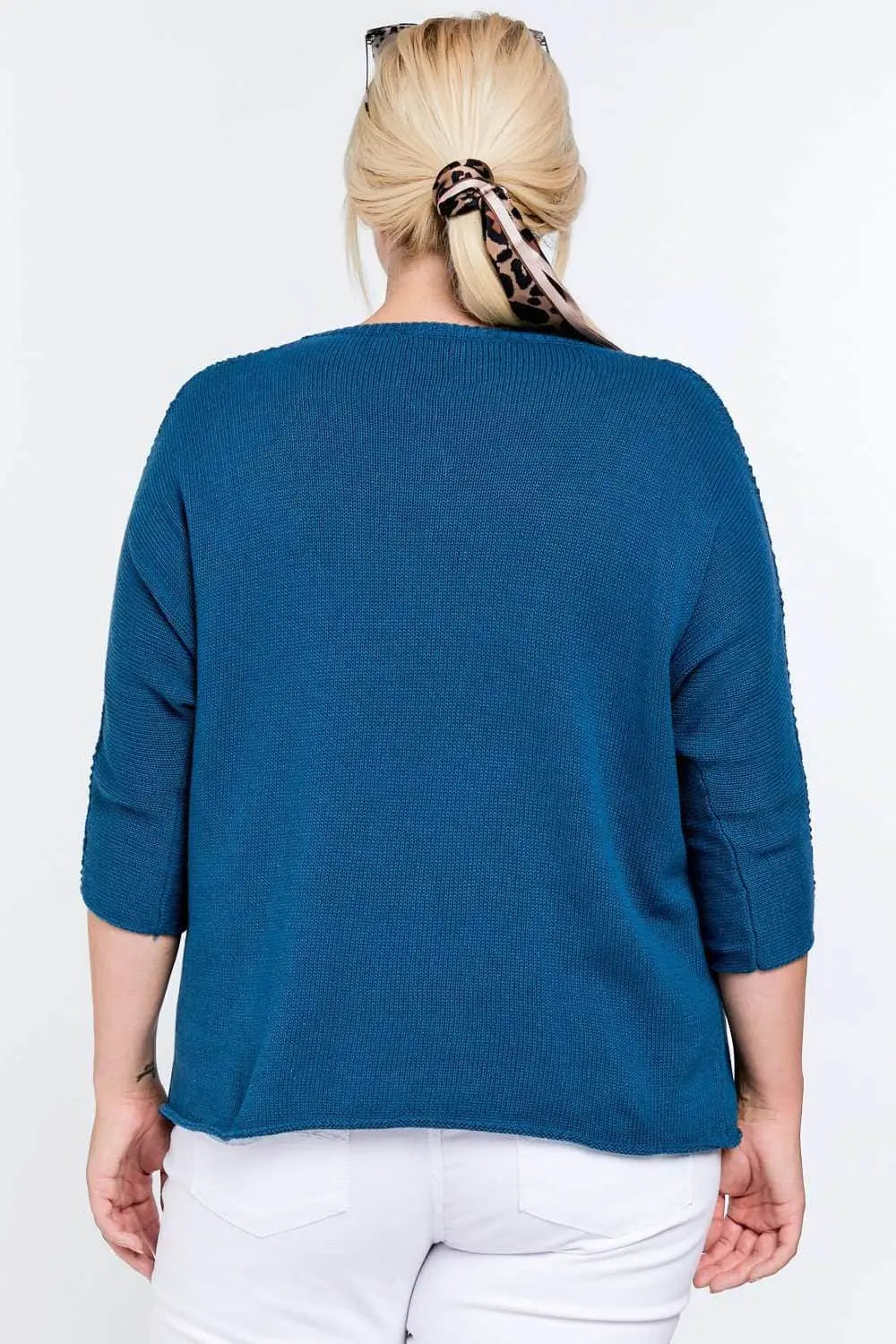 Solid Round Neck 3/4 Sleeve Sweater Top Blue Zone Planet
