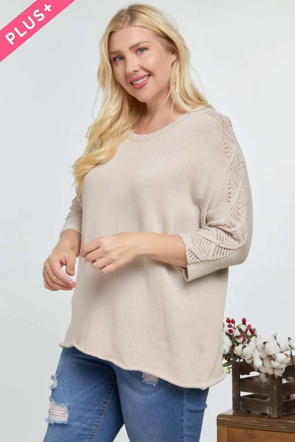 Solid Round Neck 3/4 Sleeve Sweater Top Blue Zone Planet