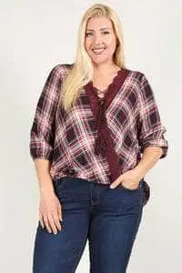 V-Neckline Plaid 3/4 Sleeve Top with Hi-Lo Hem Blue Zone Planet