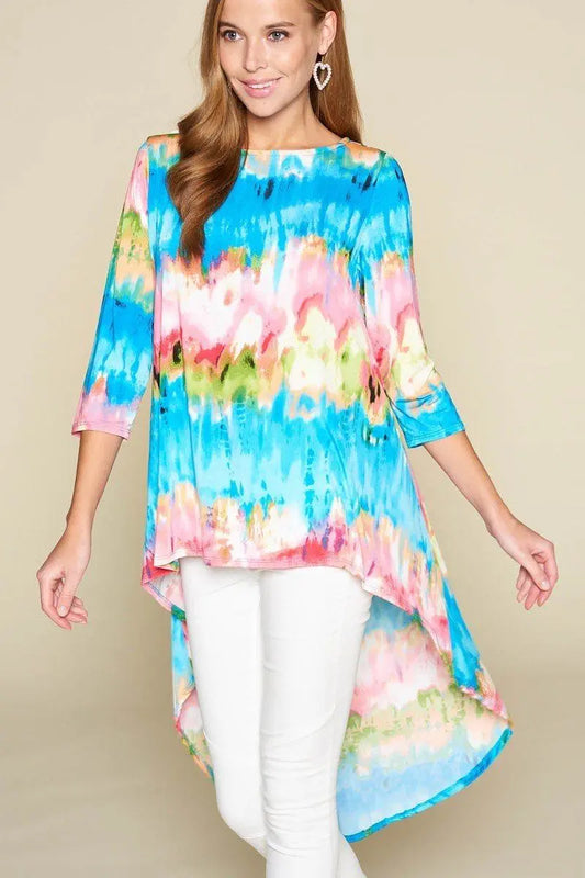 Tie-Dye Venechia High Low Fashion Top With 3/4 Sleeves Blue Zone Planet