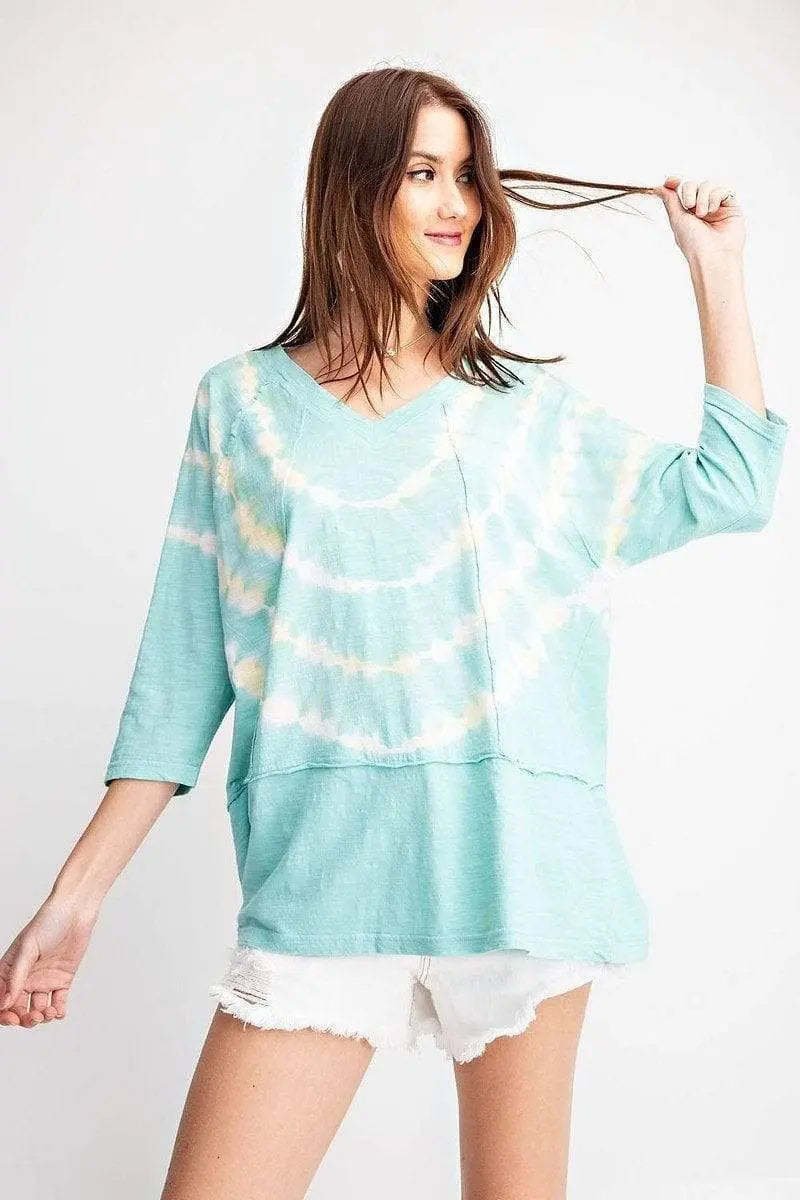 3/4 Sleeves Special Washed Boxy Cotton Slub Top Blue Zone Planet