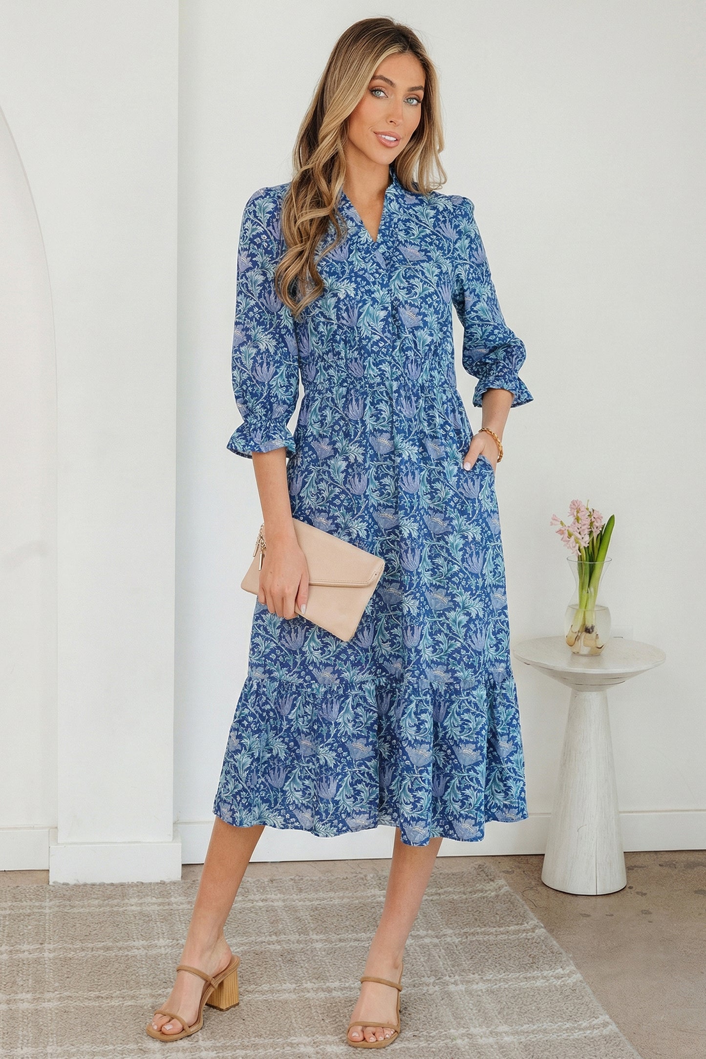 Brown Floral Printed Frilled V Neck Bracelet Sleeve Long Dress-Bracelet-[Adult]-[Female]-2022 Online Blue Zone Planet