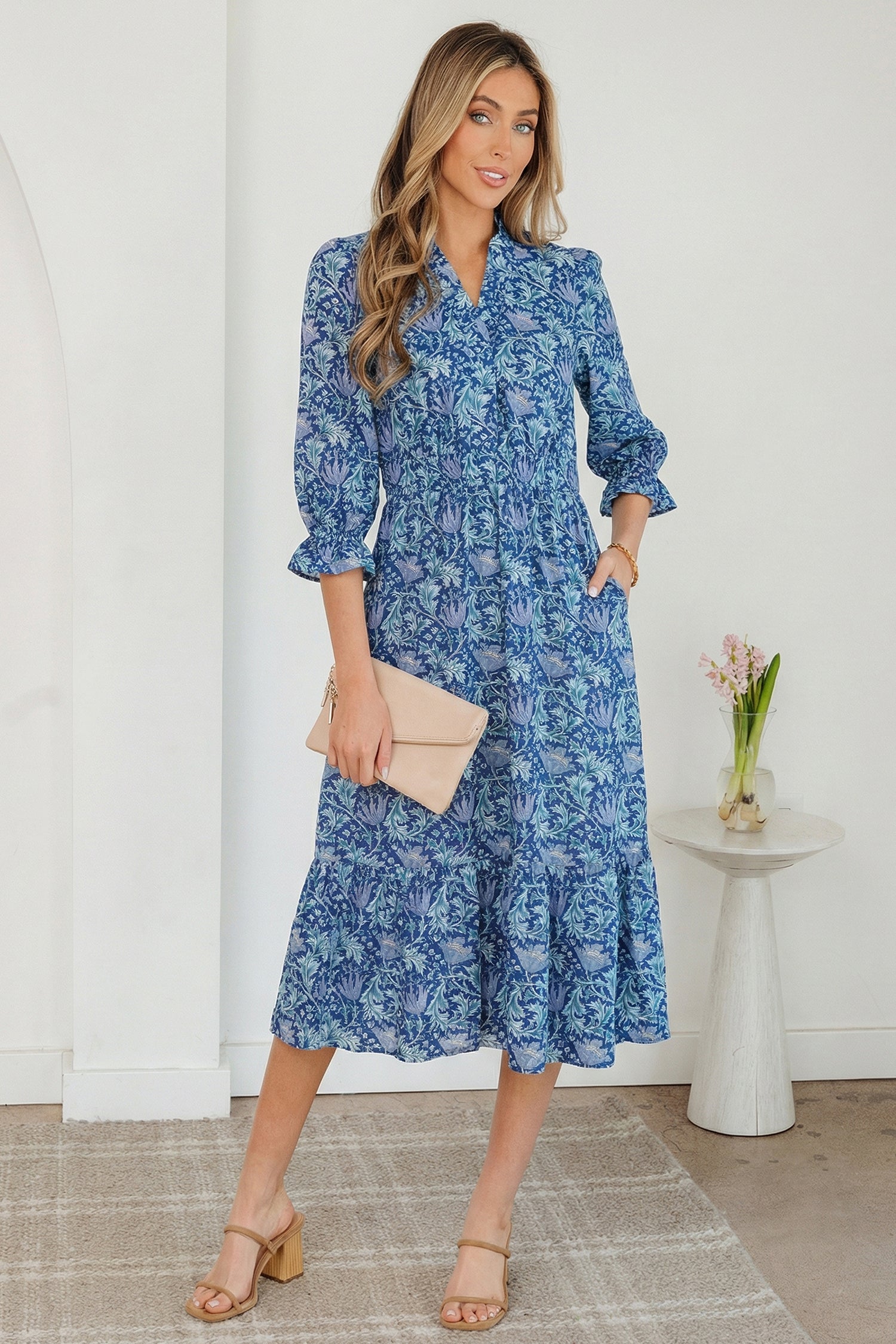 Brown Floral Printed Frilled V Neck Bracelet Sleeve Long Dress-Bracelet-[Adult]-[Female]-2022 Online Blue Zone Planet