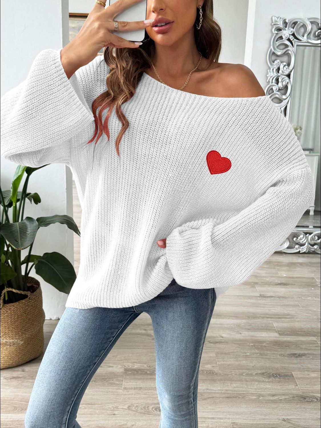 Heart Boat Neck Dropped Shoulder Sweater-TOPS / DRESSES-[Adult]-[Female]-2022 Online Blue Zone Planet