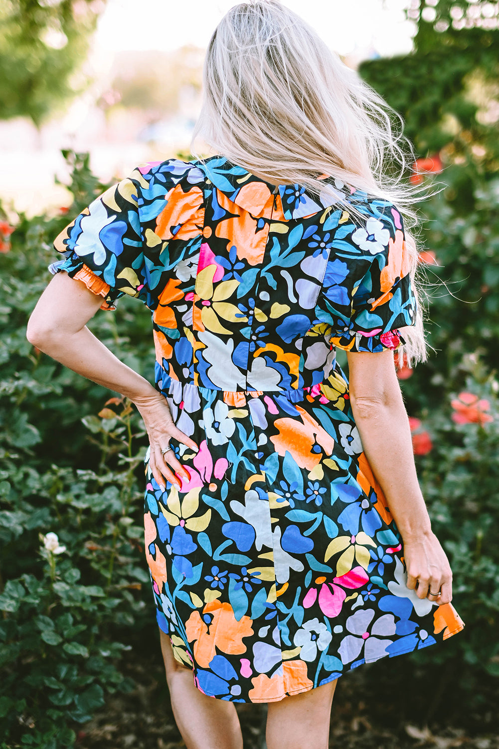 Blue Collared Split Neck Floral Flared Dress-TOPS / DRESSES-[Adult]-[Female]-2022 Online Blue Zone Planet