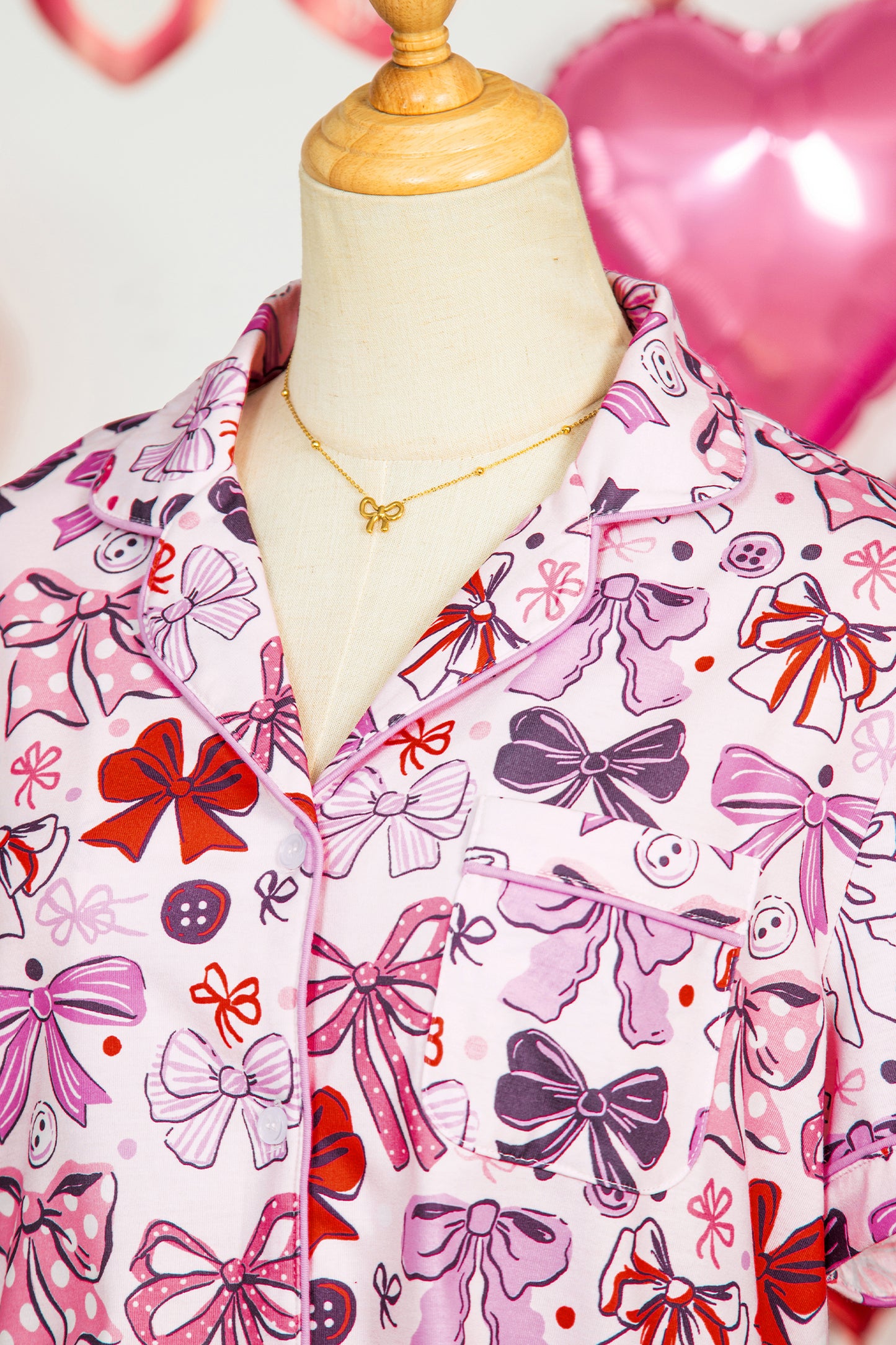 Pink Cute Ribbon Bows Printed Shirt Style 2pcs Short Pajama Set-Loungewear & Sleepwear/Loungewear-[Adult]-[Female]-2022 Online Blue Zone Planet