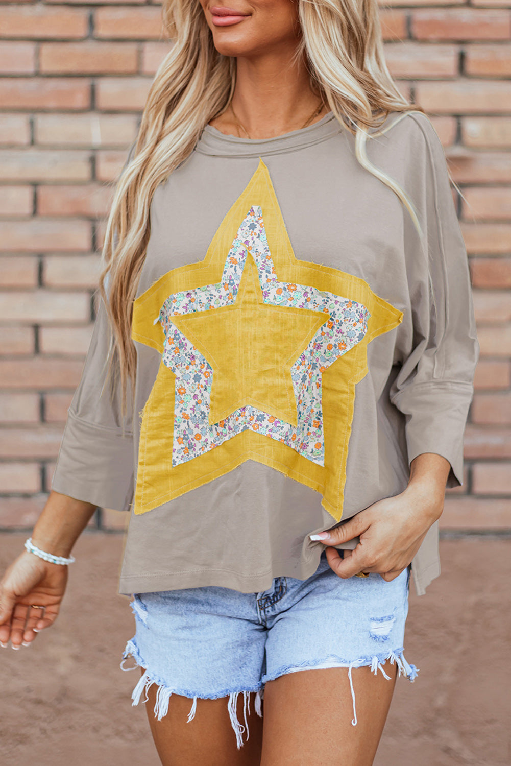 Star Applique Round Neck T-Shirt-TOPS / DRESSES-[Adult]-[Female]-Mocha-S-2022 Online Blue Zone Planet