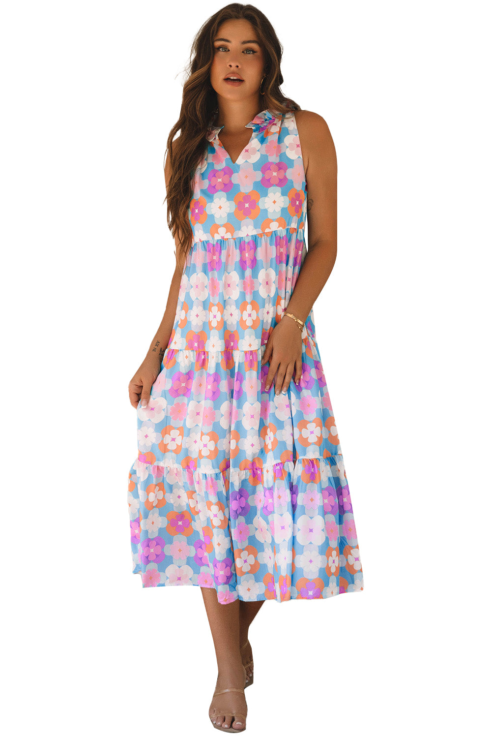 Blue Zone Planet | Blue Floral Print Frilly Neck Sleeveless Tiered Maxi Dress-TOPS / DRESSES-[Adult]-[Female]-2022 Online Blue Zone Planet