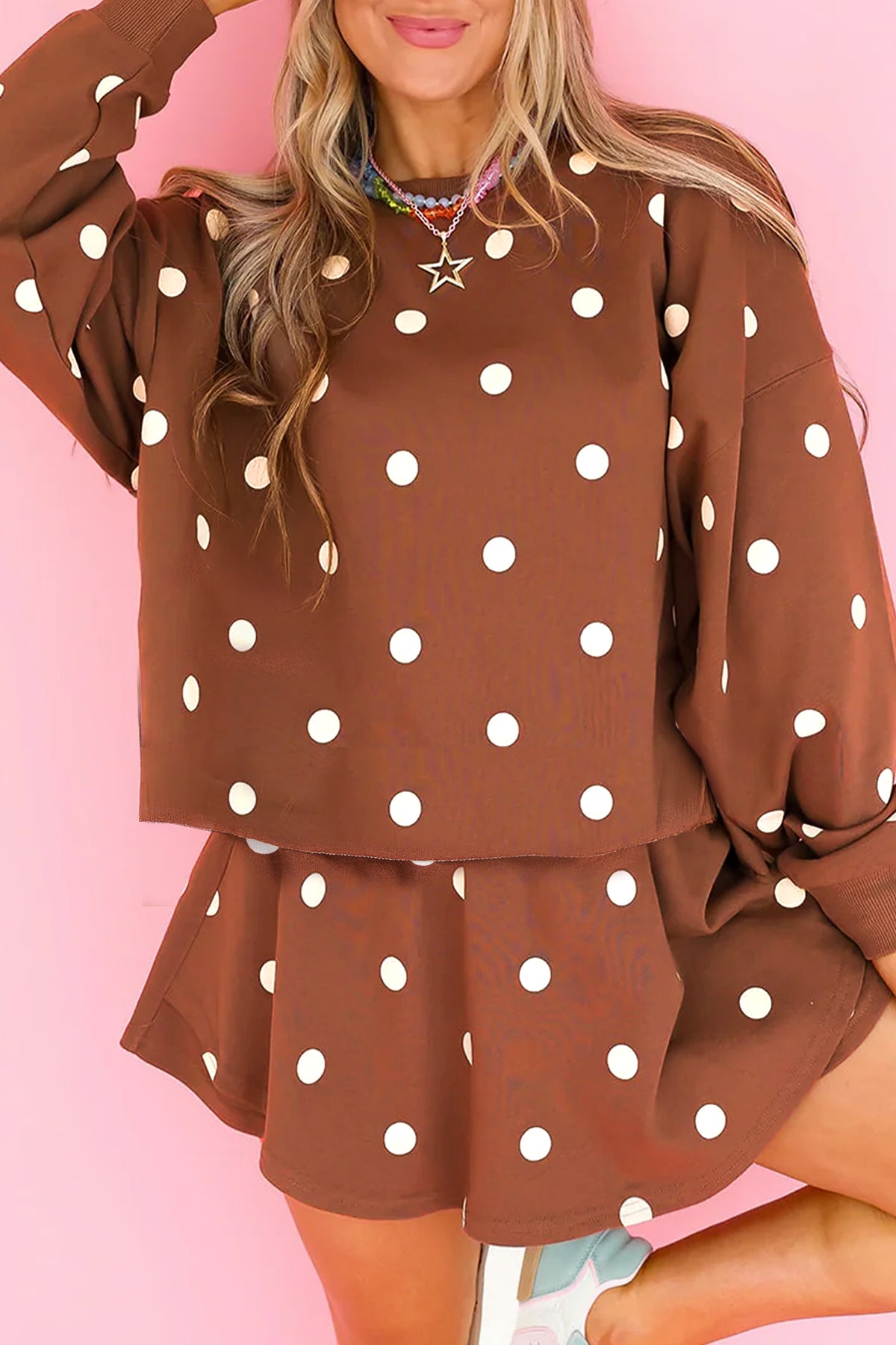 Brown Polka Dot Raw Hem Relaxed Pullover Loose Skort Two Piece Set-Two Piece Sets/Short Sets-[Adult]-[Female]-2022 Online Blue Zone Planet