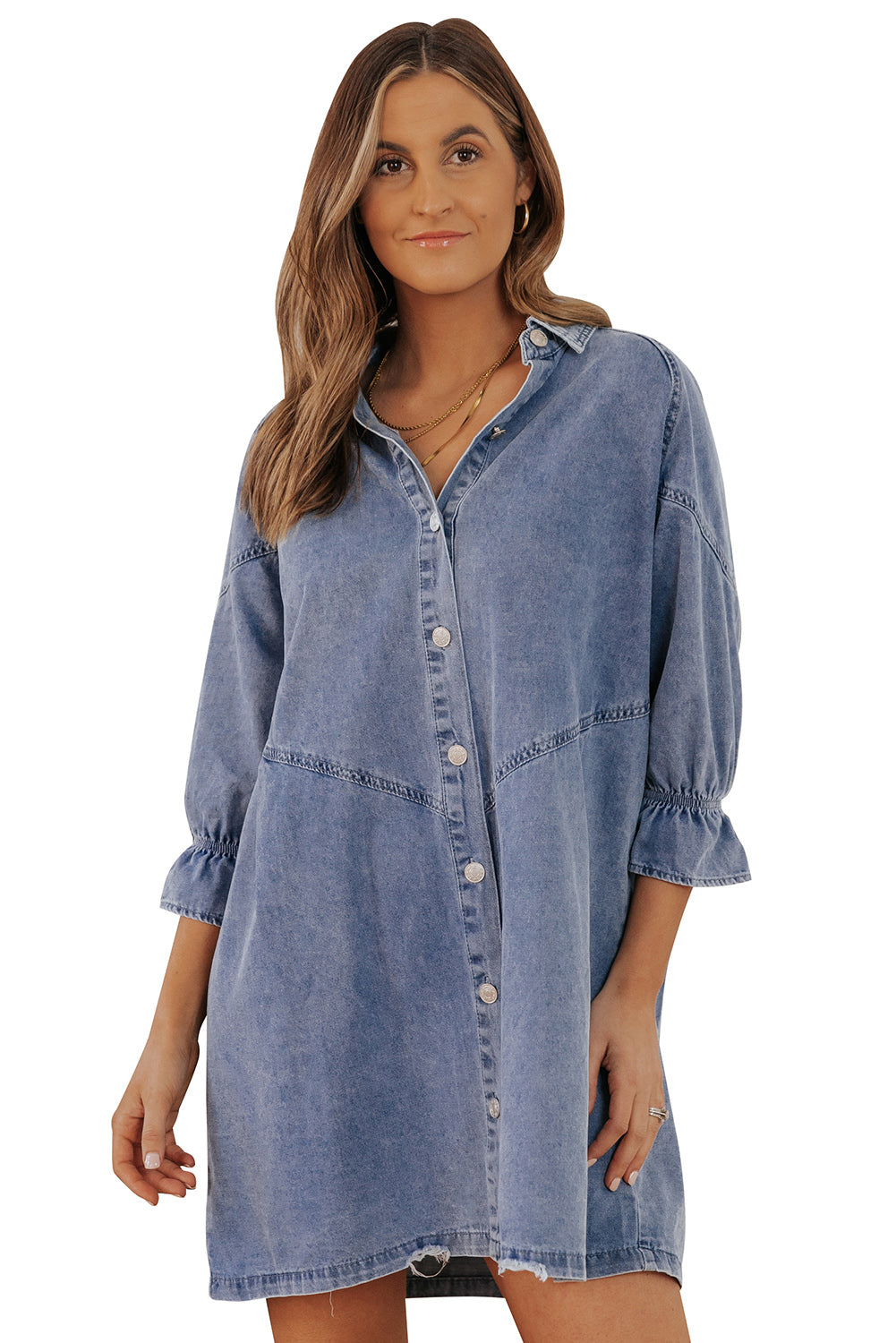 Blue Zone Planet | Sky Blue Buttoned Long Sleeve Denim Mini Dress-TOPS / DRESSES-[Adult]-[Female]-2022 Online Blue Zone Planet