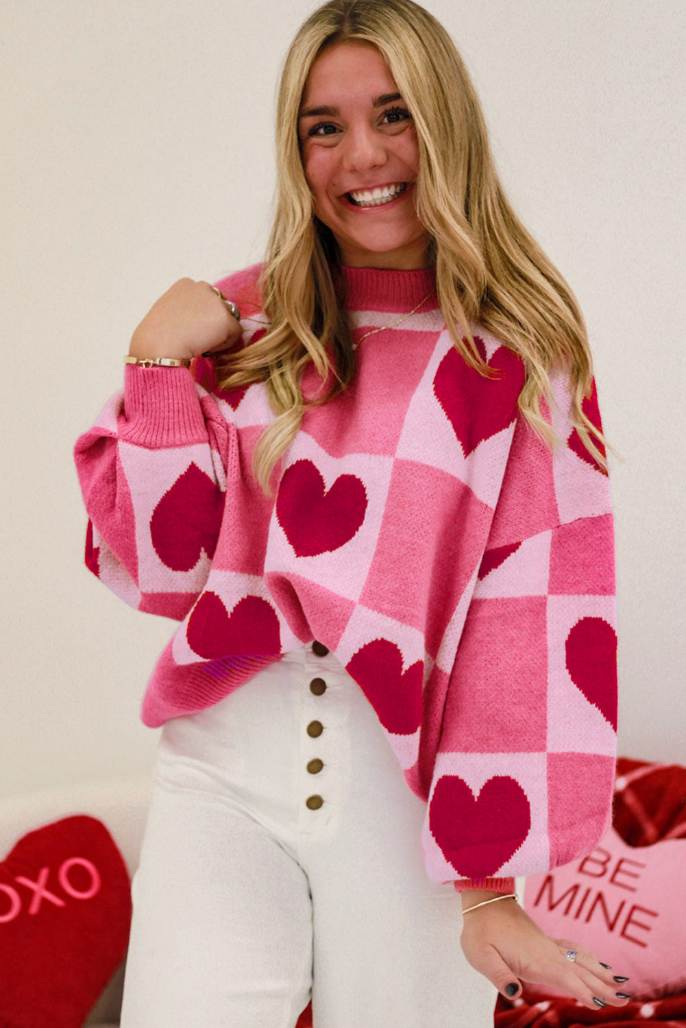 Pink Love Heart Checkered Valentine Crew Neck Sweater-TOPS / DRESSES-[Adult]-[Female]-2022 Online Blue Zone Planet